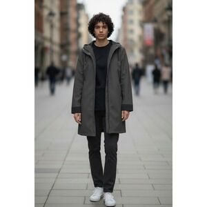 Misty Harbor Signature Hooded Raincoat Mens Medium Grey Black Full Zip